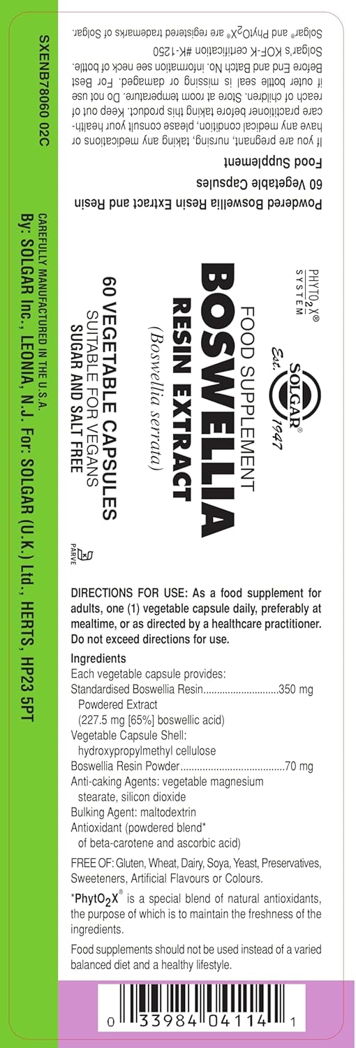 Solgar Boswellia Resin Extract, 60 Vegetable Capsules - Supports Joint Comfort & Digestive Health - Standardized Full Potency (Sfp) - Non-Gmo, Vegan, Gluten Free, Dairy Free, Kosher - 60 Servings