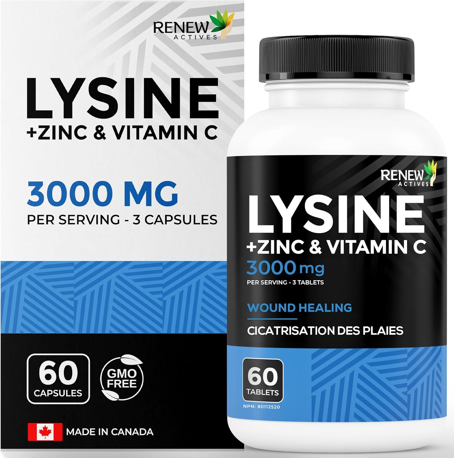 Renew Actives L-Lysine 1000 Mg Per Serving With Zinc & Vitamin C – Supports Immune Function, Collagen Formation, Antioxidant Support, & Healthy Skin, Hair, & Nails – Made In Canada – 60 Tablets
