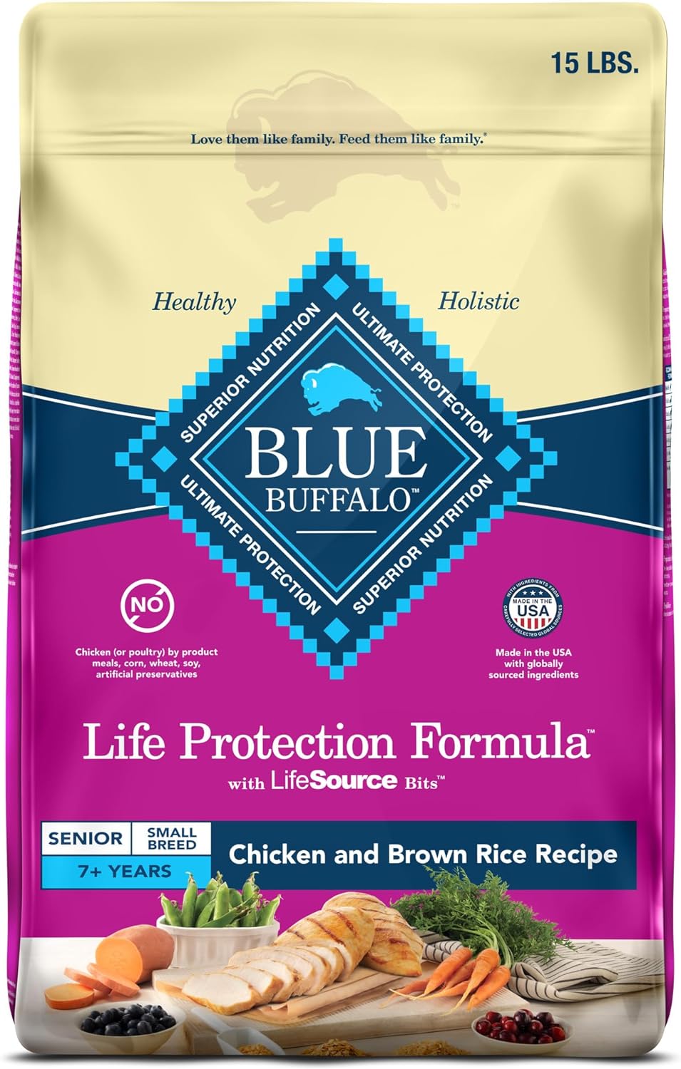 Blue Buffalo Life Protection Formula Small Breed Senior Dry Dog Food, Supports Joint Health And Immunity, Made With Natural Ingredients, Chicken & Brown Rice Recipe, 15-Lb. Bag