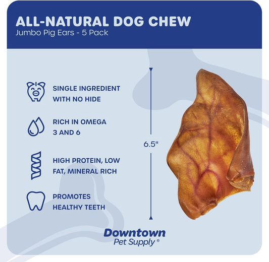 Downtown Pet Supply - Jumbo Pig Ears - Dog Dental Treats & Rawhide-Free Dog Chews - Healthy Coat & Skin Care, Cholesterol & Heart Health Dog Treats - Protein, Vitamins & Minerals - 5 Pack