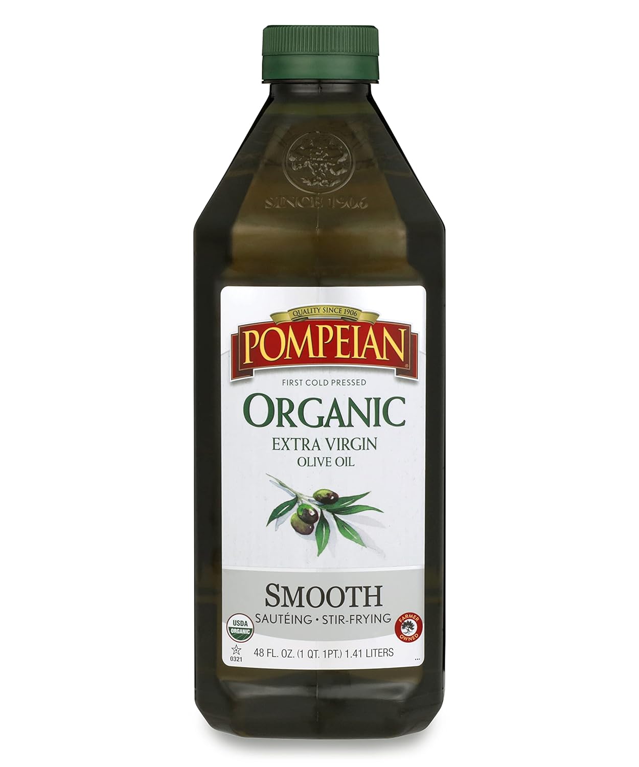 Pompeian Usda Organic Smooth Extra Virgin Olive Oil, First Cold Pressed, Smooth, Delicate Flavor, Perfect For Sautéing & Stir-Frying, 48 Fl. Oz