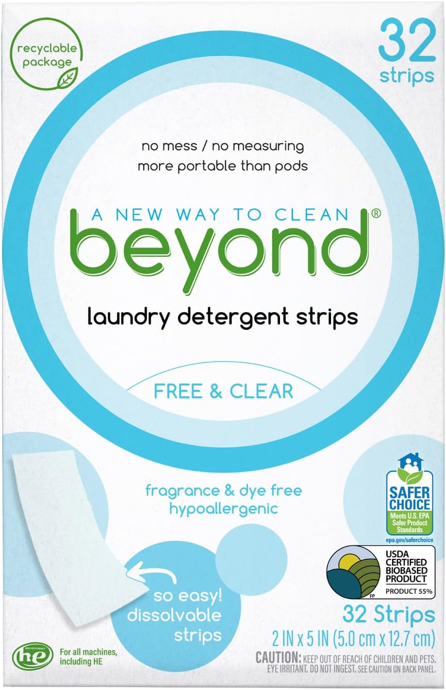 Beyond Laundry Detergent Strips [32 Strips] - Free & Clear - Eco-Friendly, Hypoallergenic. Travel Friendly. Dissolvable Strips