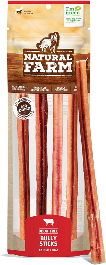 Natural Farm Odor-Free Bully Sticks (12”, 8oz) All-Natural Long-Lasting Chews, 100% Beef Pizzle, Grass-Fed, Grain-Free, Hormone-Free, Protein for Muscle Development & Energy, Perfect for Large Dogs