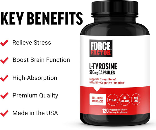 FORCE FACTOR L Tyrosine Stress Relief Supplement, L-Tyrosine Brain Health Supplements for Adults, L-Tyrosine 500mg Capsules, Free Form, Vegan, No Gelatin, Non-GMO, 120 Capsules