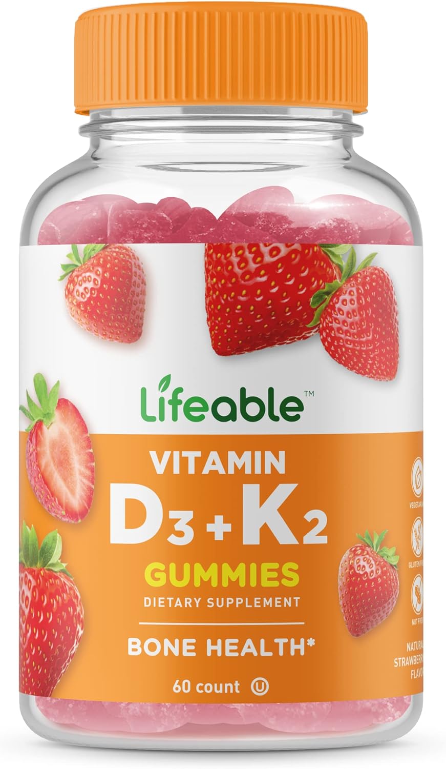 Lifeable Vitamin D3 + K2 - Great Tasting Natural Flavor Gummy Supplement Vitamins - Gluten Free Vegetarian and Non-GMO Chewable - for Strong and Healthy Bones - 60 Gummies (Adults)