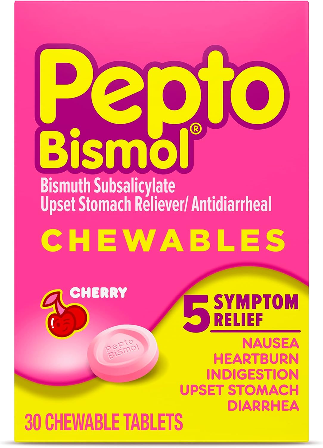 Pepto Bismol Chewables, Upset Stomach Relief, Bismuth Subsalicylate, Multi-Sympton Relief Of Gas, Nausea, Heartburn, Indigestion, Diarrhea, Cherry Flavor, 30 Tablets