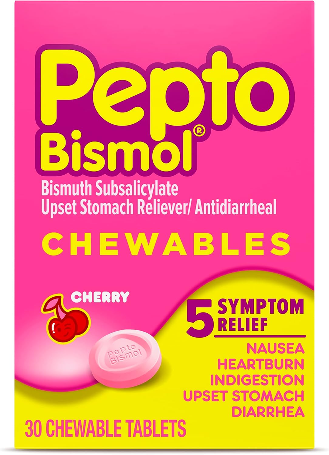 Pepto Bismol Chewable Tablets – Cherry Flavor, Multi-Symptom Stomach Relief For Gas, Nausea, Heartburn, Indigestion & Diarrhea