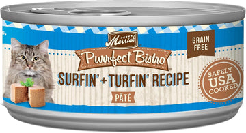 Merrick Purrfect Bistro Grain Free Premium Soft Canned Pate Adult Wet Cat Food, Surfin’ And Turfin’ Recipe - (Pack Of 24) 5.5 Oz. Cans