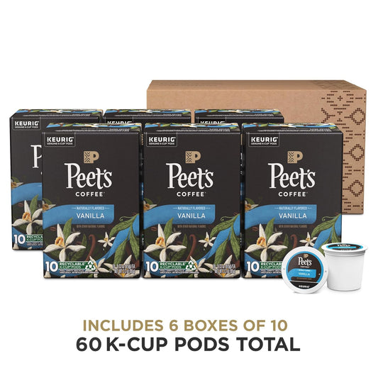 Peet's Coffee, Vanilla - Flavored Coffee - 60 K-Cup Pods for Keurig Brewers (6 boxes of 10 pods), Light Roast