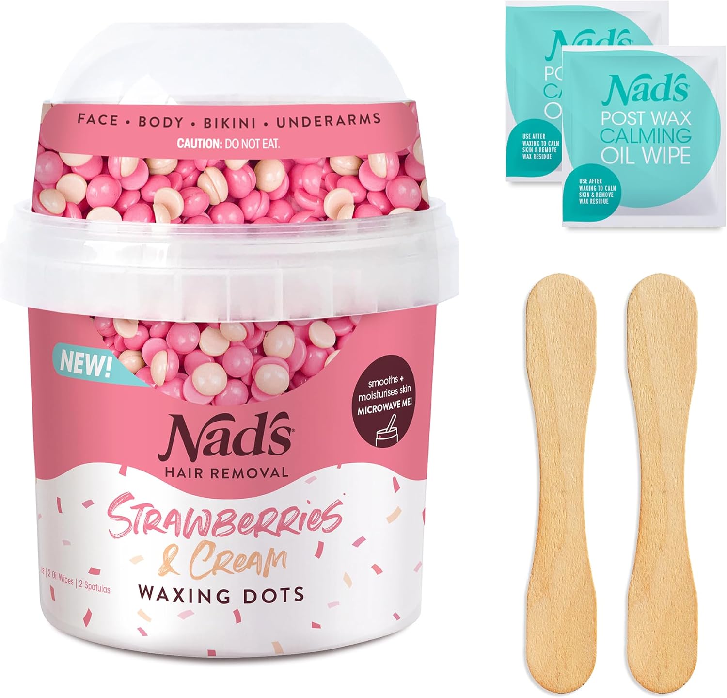 Nad'S Hair Removal Hard Wax Beads - Full Body Hard Wax Kit For Women - Microwaveable Hot Wax No-Strip Formula (Strawberries & Cream) 200G With 2 Applicators & 2 Oil Wipes