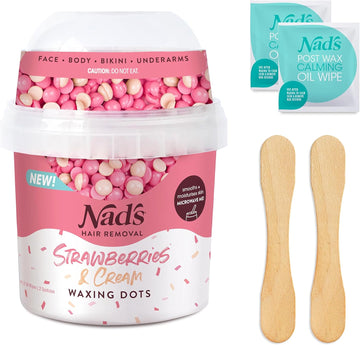 Nad'S Hair Removal Hard Wax Beads - Full Body Hard Wax Kit For Women - Microwaveable Hot Wax No-Strip Formula (Strawberries & Cream) 200G With 2 Applicators & 2 Oil Wipes