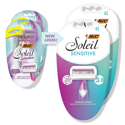 BIC Soleil Sensitive Women's Disposable Razors, 3 Blades With Moisture Strip For a Silky Smooth Shave, 6 Piece Razor Set, 3 Count (Pack of 2)