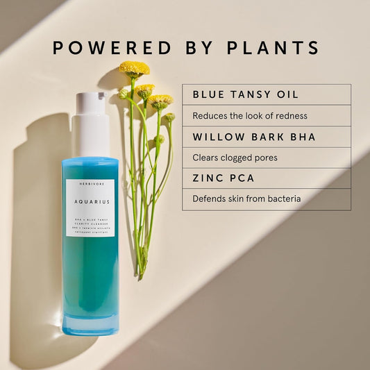Herbivore Aquarius Bha + Blue Tansy Clarity Cleanser – Deep Cleansing, Gentle Exfoliation For Oily-Combination Skin, Plant-Based, Vegan, Cruelty-Free, 3.3 Oz