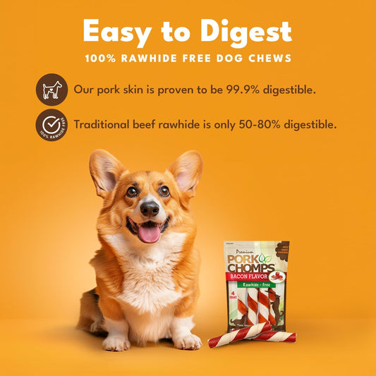 Pork Chomps Baked Pork Skin Dog Chews, 6-Inch Twists, Bacon Flavor Wrap, 4 Count