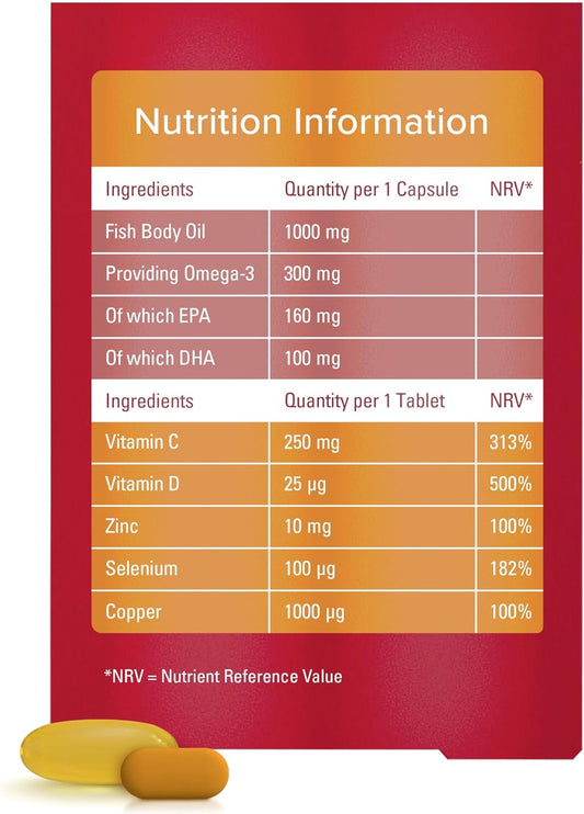 Seven Seas Omega-3 Fish Oil Immunity, 1000 Mg Fish Oil + 300 Mg Omega-3, 60 High Strength Tablets, 260 Mg Epa & Dha & Vitamin D, With Vitamin C & Zinc, Duo Pack: 30 Capsules + 30 Tablets