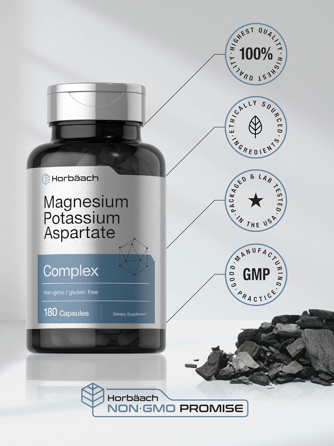 Horbäach Magnesium Potassium Aspartate Complex | 180 Capsules | Non-GMO and Gluten Free Formula : Health & Household