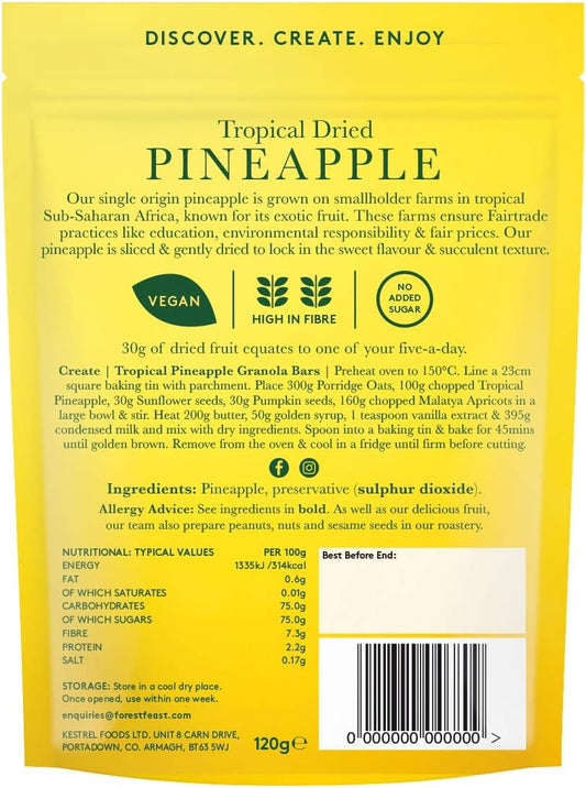 Forest Feast Tropical Pineapple 6 X 120G | Dried Fruit Healthy Snack Option With 100% Natural Dried Pineapple With No Added Sugar, High In Fibre & Low Fat