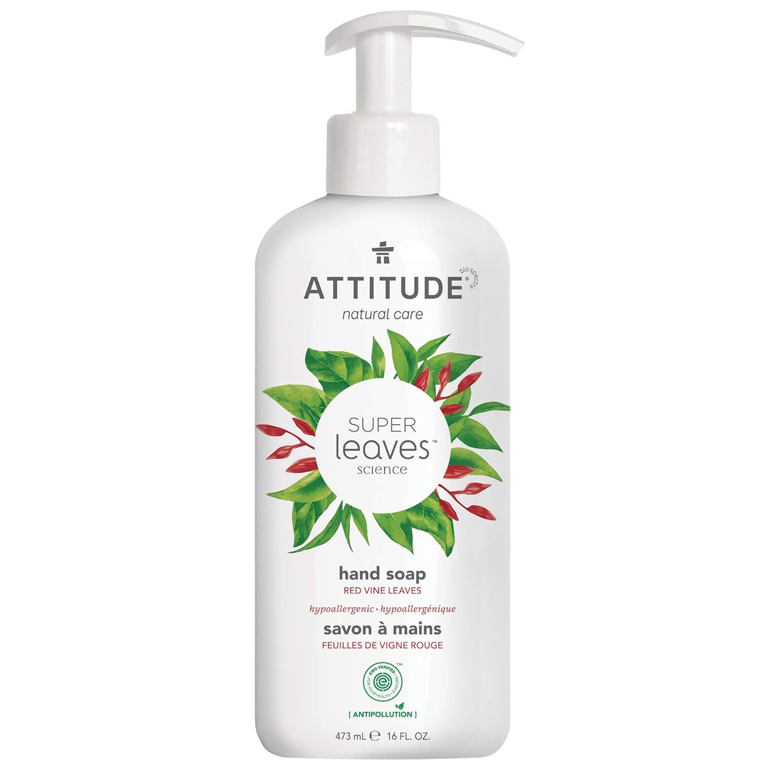 ATTITUDE Liquid Hand Soap, EWG Verified, Plant and Mineral-Based, Vegan Personal Care Products, Red Vine Leaves, 16 Fl Oz