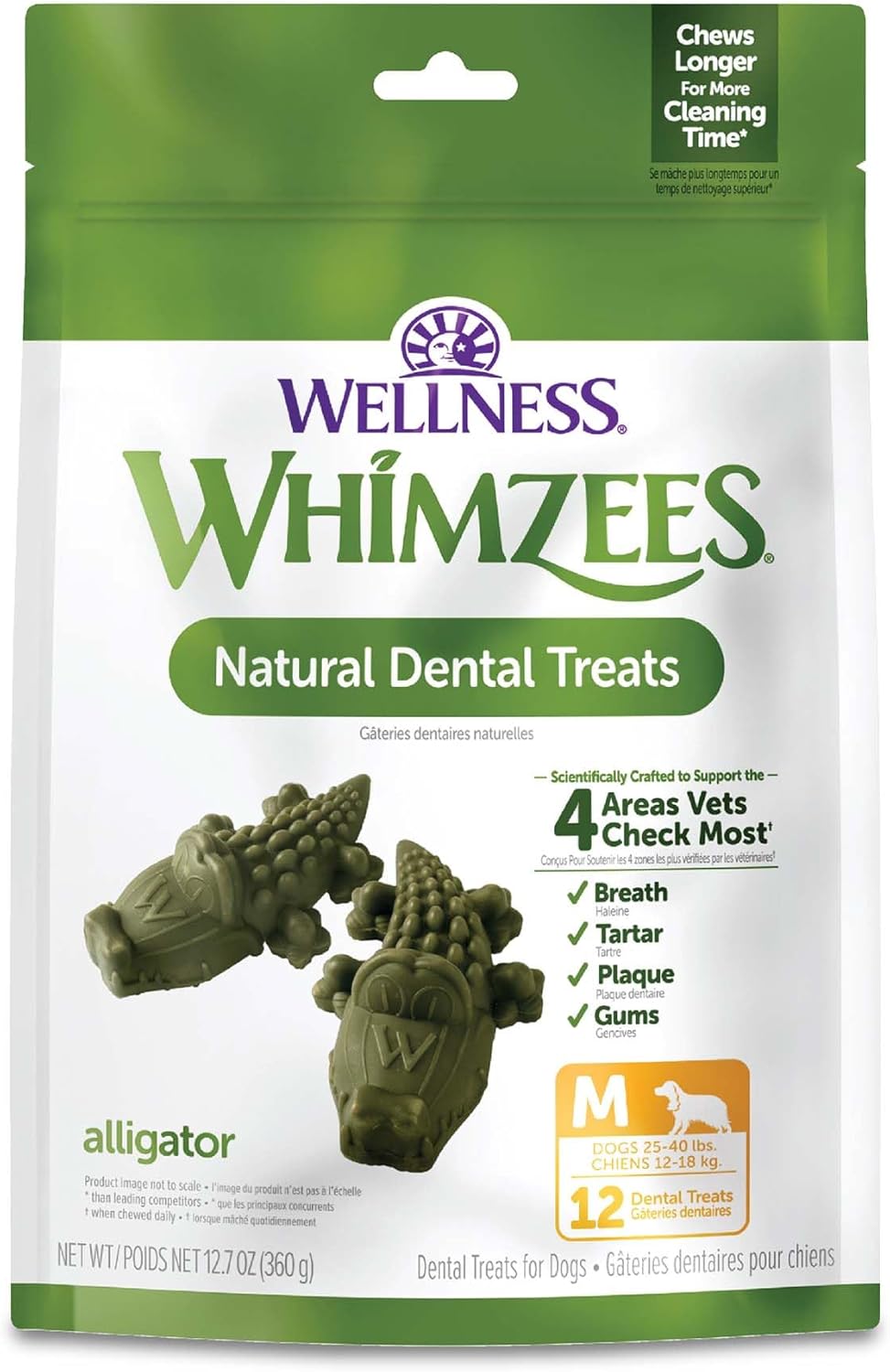 Whimzees By Wellness Alligator Natural Dental Chews For Dogs, Long Lasting Treats, Grain-Free, Freshens Breath, Medium Breed, 12 Count