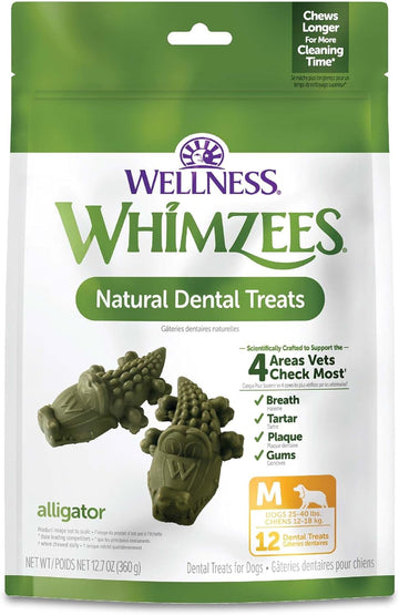 Whimzees By Wellness Alligator Natural Dental Chews For Dogs, Long Lasting Treats, Grain-Free, Freshens Breath, Medium Breed, 12 Count