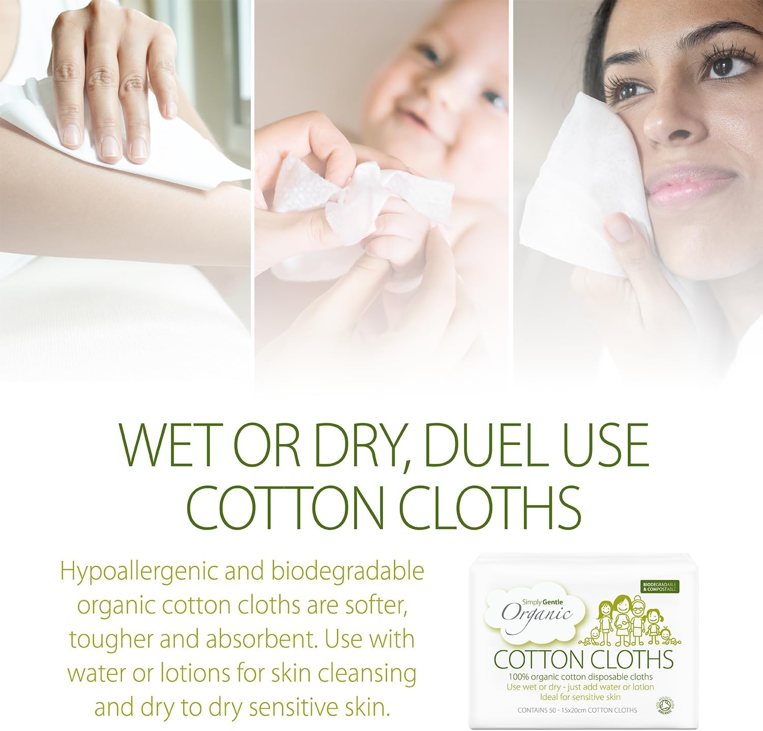 Simply Gentle Organic Dry Wipes/Cotton Cloths Perfect For Sensitive Skin - Pure Cotton Cloths For Newborn Baby - Free From Odours Parabens & Alcohol - Multi-Purpose - Disposable Cloth - 50 (Pack Of 6)
