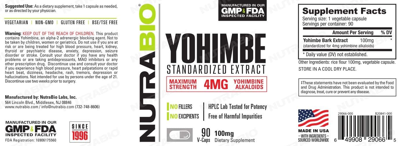 NutraBio Yohimbe (4mg)- 90 Vegetable Capsules : Health & Household
