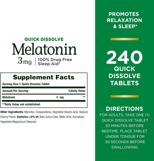 Nature’S Bounty Melatonin 3Mg, 100% Drug Free Sleep Aids For Adults, Supports Relaxation And Sleep, Dietary Supplement, 240 Count (Cherry Flavour - Packaging May Vary)