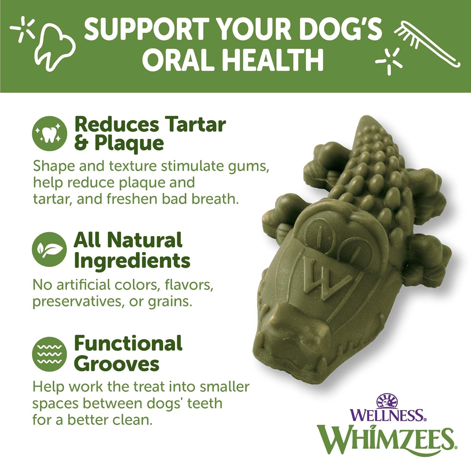 WHIMZEES by Wellness Alligator Natural Dental Chews for Dogs, Long Lasting Treats, Grain-Free, Freshens Breath, Small Breed, 24 count : Pet Supplies