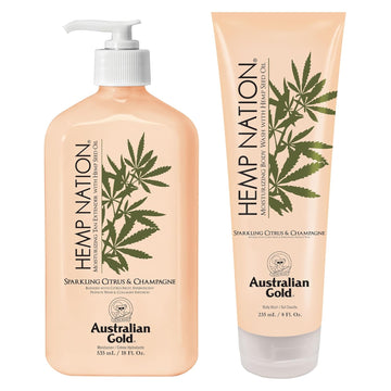 Australian Gold Hemp Nation Sparkling Citrus & Champagne Bundle - Tan Extender Body Lotion (18 Fl Oz) & Body Wash (8 Fl Oz), Effervescent Orange, Grapefruit & French Wine Extract, Pure Hemp Seed Oil