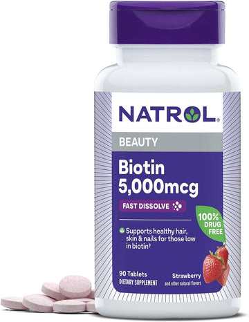 Natrol Beauty Biotin 5000mcg, Dietary Supplement for Healthy Hair, Skin, Nails and Energy Metabolism, 90 Strawberry-Flavored Fast Dissolve Tablets, 90 Day Supply