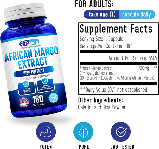 We Like Vitamins African Mango Extract 500Mg - 5000Mg Equivalent 10:1 Extract 180 Capsules - 6 Month Supply Of African Mango Capsules – Supports Metabolism Of Fat And Digestive Health