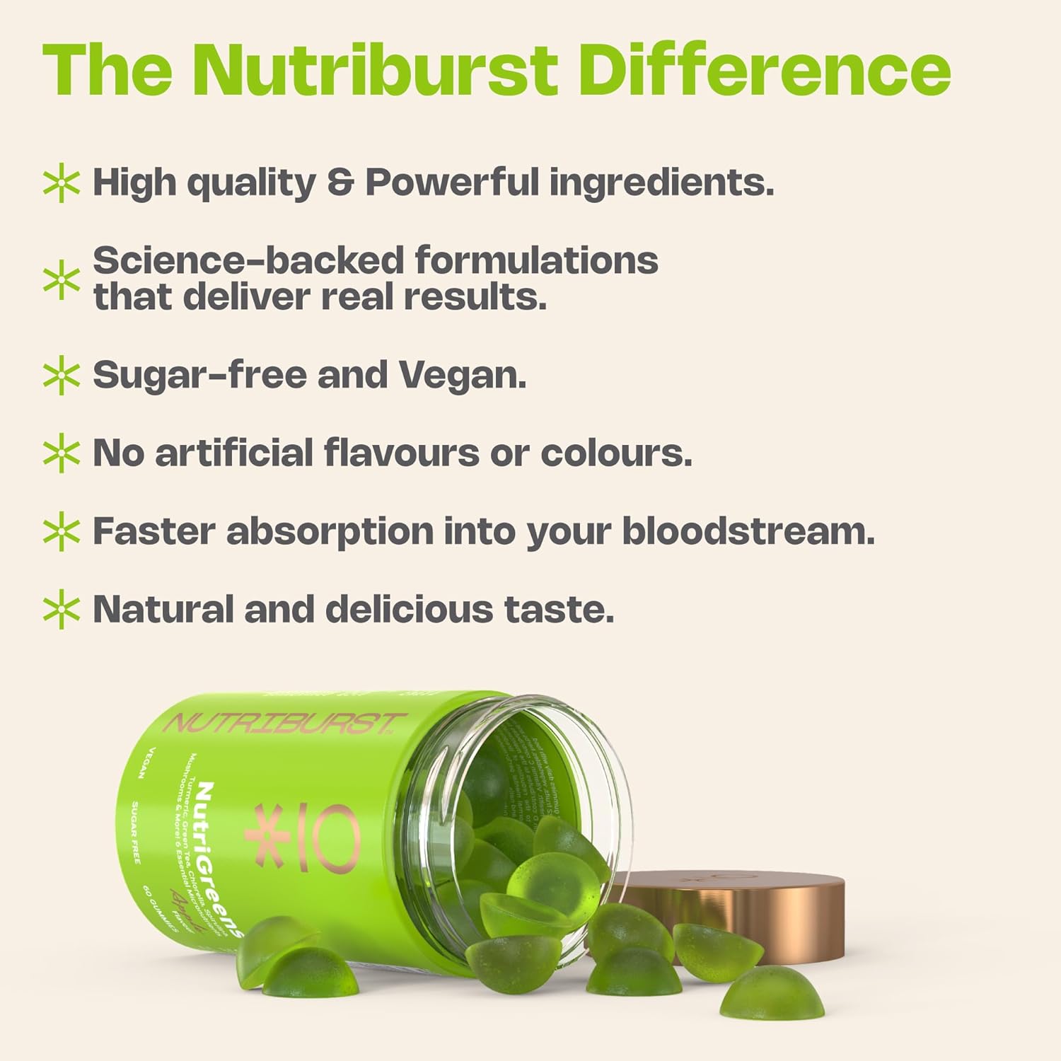 Nutriburst - NutriGreens - 22 Fruits + Vegetables + Herbs + Mushrooms + Live Bacteria Cultures - Boosted with Vitamins: Zinc, VIT C, D3, B5, B6, B12-60 Gummies 1 Month Supply - Suitable for Vegans : Amazon.co.uk: Health & Personal Care