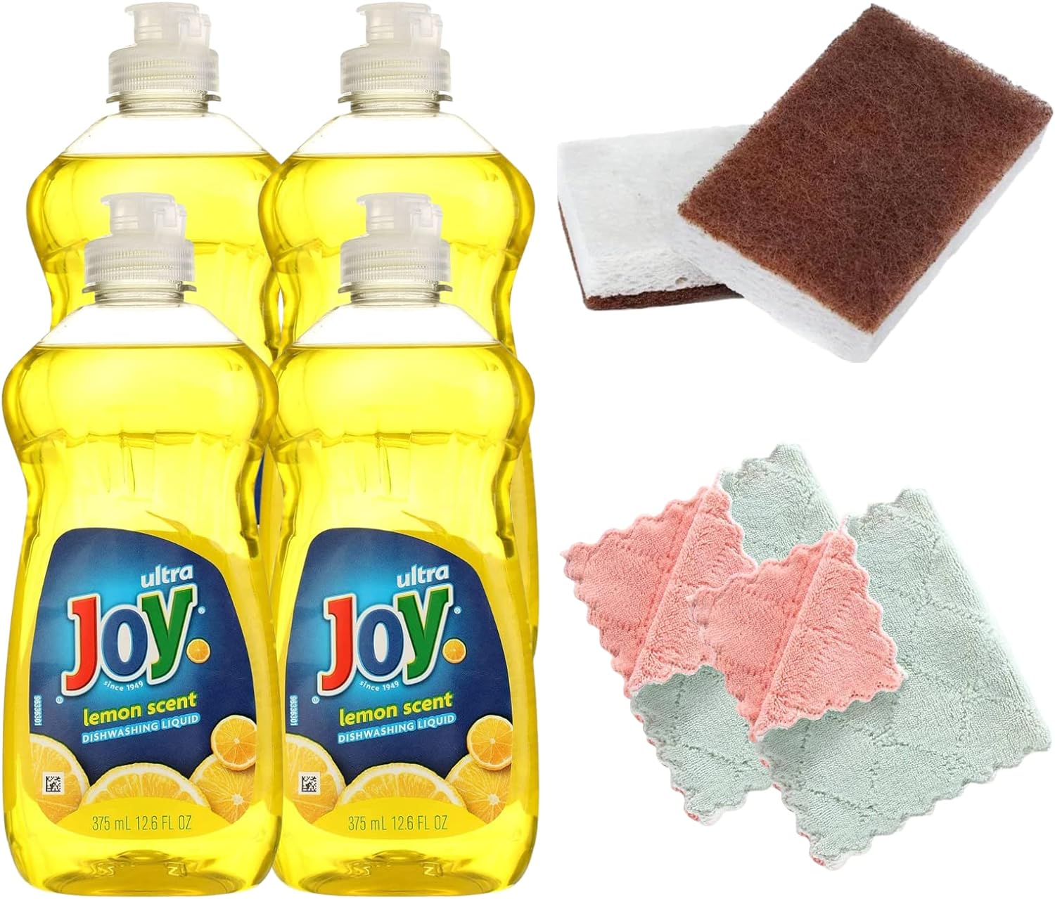 Soybec Joy Dishwashing Liquid Bundle: 12.6oz Joy Dish Soap (4 Packs), Scrub Pads for Dishes (2 Count) Two-Tone Dish Cloths for Washing Dishes (2 Count)