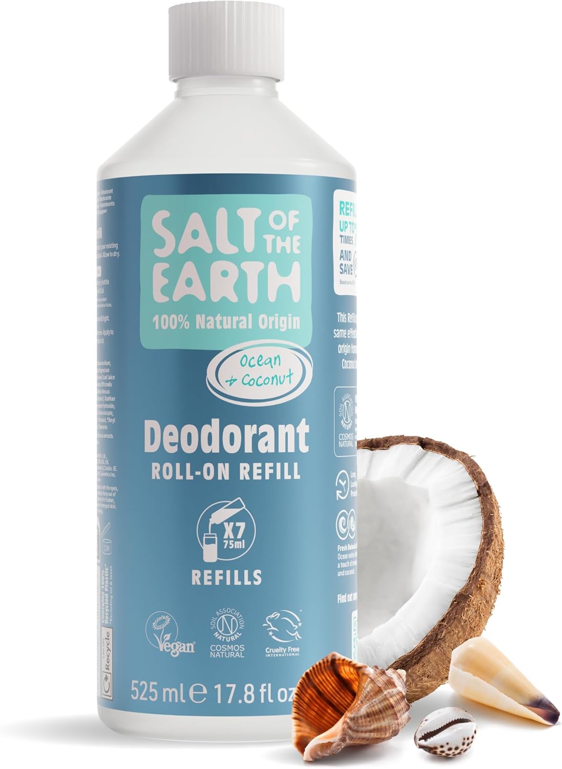 Salt Of The Earth - Natural Deodorant Roll On Refill Bottle, X7 Uses - Clary Sage & Mint - Vegan, Long Lasting Protection, Leaping Bunny Approved, Made In The Uk - 525Ml