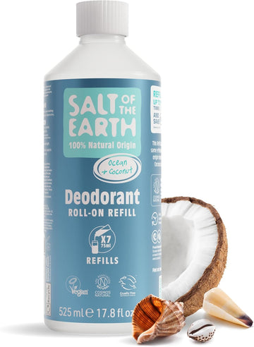 Salt Of The Earth - Natural Deodorant Roll On Refill Bottle, X7 Uses - Clary Sage & Mint - Vegan, Long Lasting Protection, Leaping Bunny Approved, Made In The Uk - 525Ml