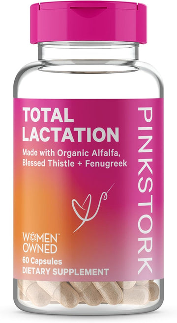 Pink Stork Total Lactation Supplement For Breast Milk Supply, Organic Fenugreek And Alfalfa To Support Breastfeeding, Milk Flow, And Production, Postpartum Essentials - 60 Capsules