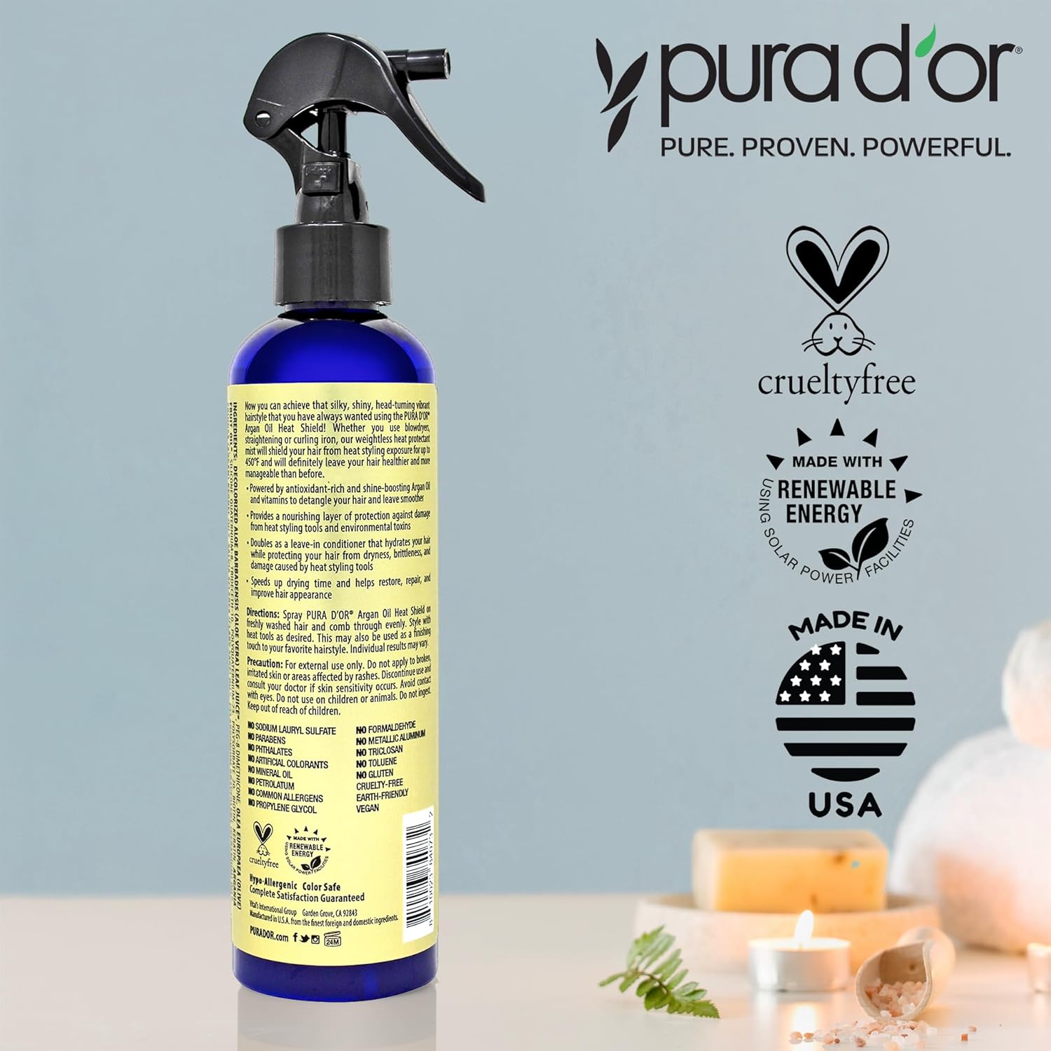 PURA D'OR 8 Oz Argan Oil Heat Shield Protectant Spray with Select Organic Ingredients, Protects Up To 450º F From Flat Iron & Hot Blow Dry, Leave-In, Define & Shine Dry & Damaged Hair : Beauty & Personal Care