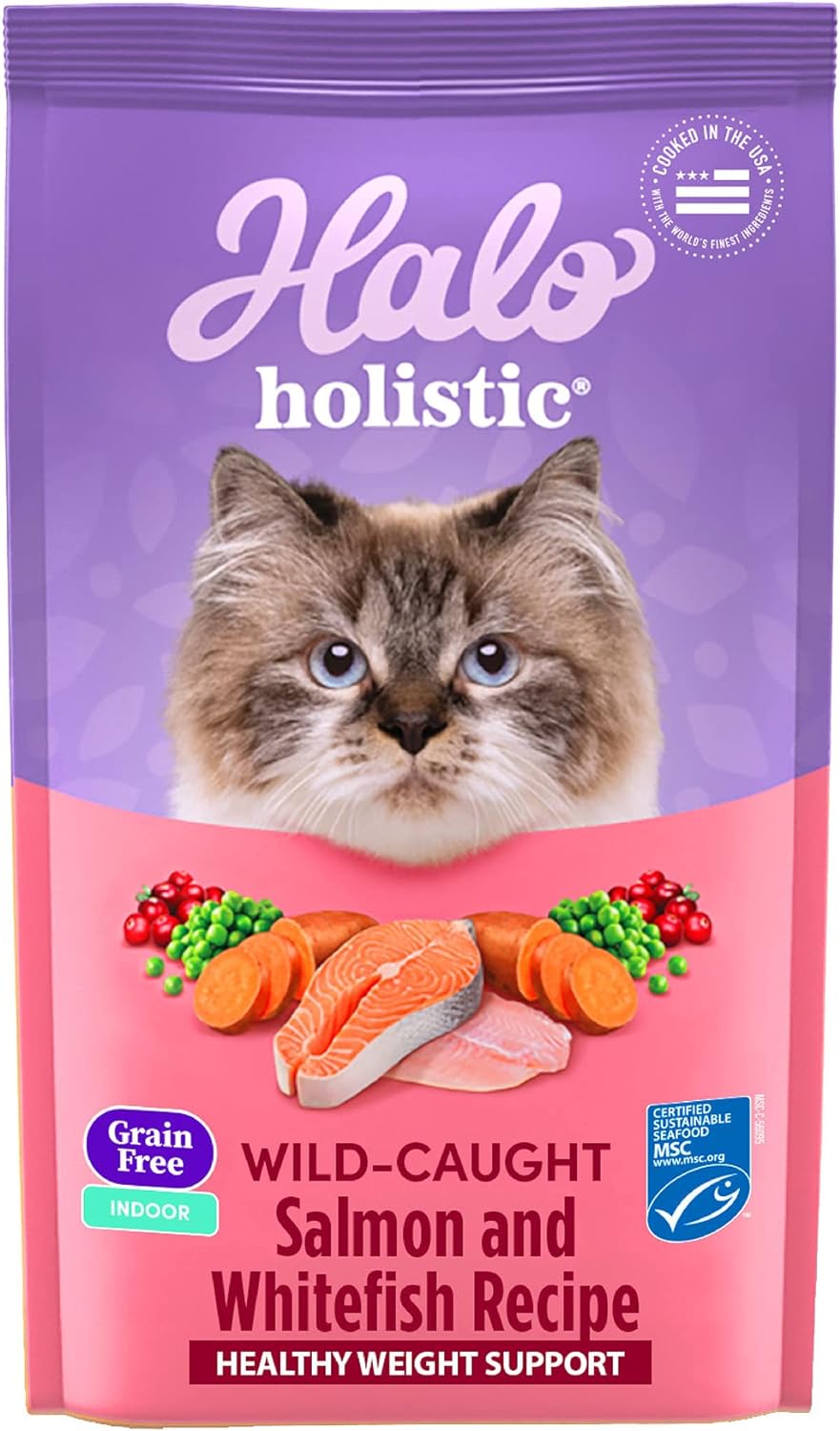 Halo Holistic Indoor Cat Food Dry, Grain Free Wild-Caught Salmon & Whitefish Recipe For Healthy Weight Support, Complete Digestive Health, Dry Cat Food Bag, Adult Formula, 6-Lb Bag