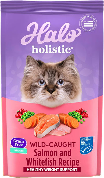 Halo Holistic Indoor Cat Food Dry, Grain Free Wild-Caught Salmon & Whitefish Recipe For Healthy Weight Support, Complete Digestive Health, Dry Cat Food Bag, Adult Formula, 6-Lb Bag