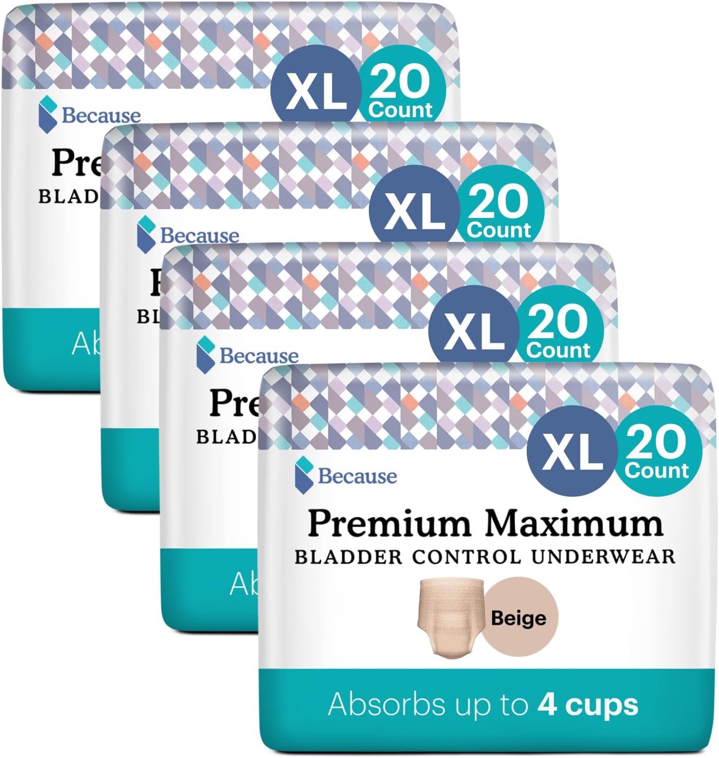 Because Premium Maximum Plus Adult Incontinence And Postpartum Bladder Leak Underwear For Women, Maximum Absorbency, Disposable, Beige, Xlarge, 80 Count (4 Packs Of 20)