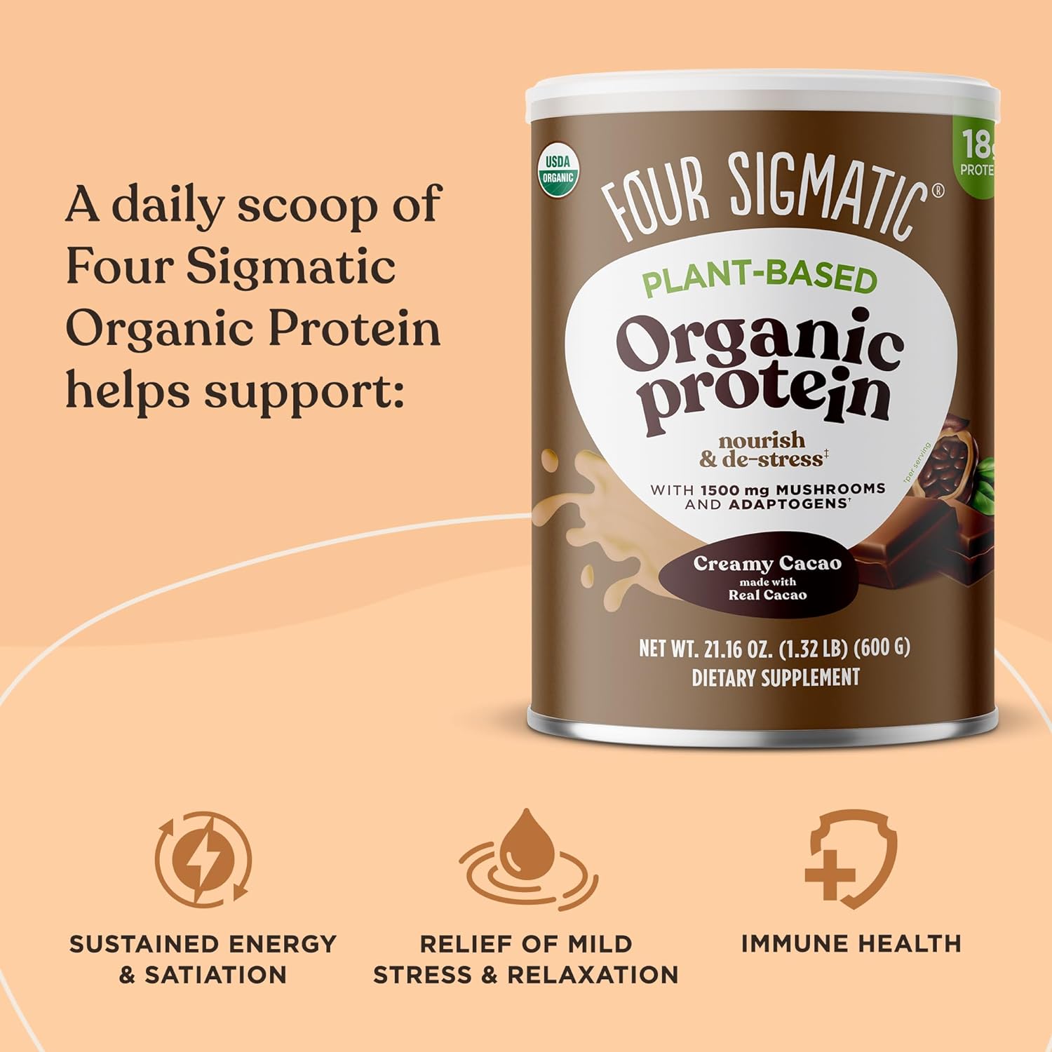 Four Sigmatic Organic Plant-Based Protein Powder Creamy Cacao Protein with Lion’s Mane, Chaga, Cordyceps and More | Clean Vegan Protein Elevated for Brain Function and Immune Support | 21.16 oz : Health & Household