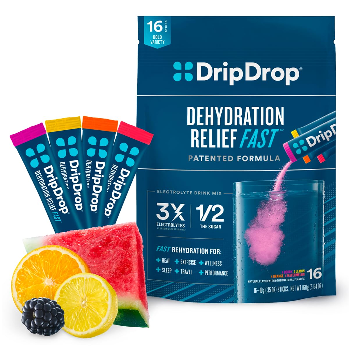 DripDrop Hydration - Electrolyte Powder Packets - Watermelon, Berry, O