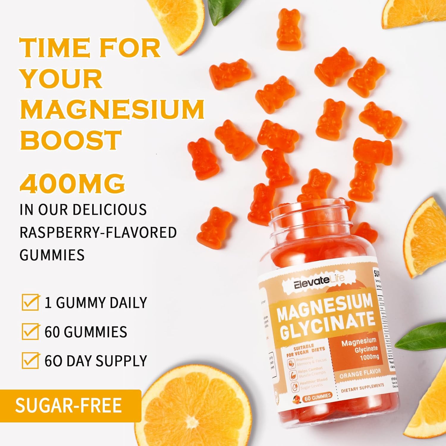 Magnesium Glycinate Gummies 1000Mg - Sugar Free Magnesium Potassium Supplement With Vitamin D, B6, Coq10 For Calm Mood & Sleep Support - 120 Orange Gummies : Health & Household