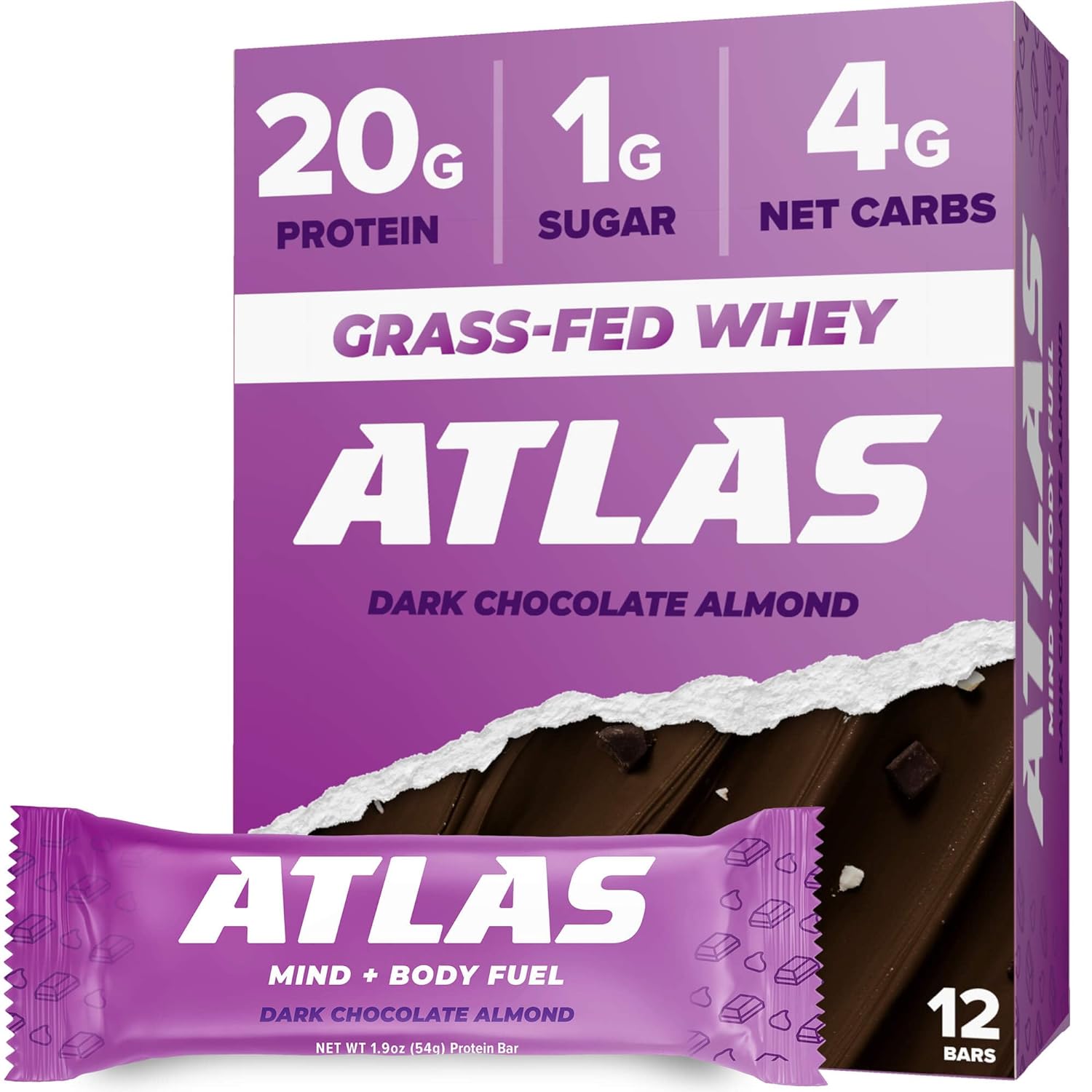 Atlas Protein Bar, 20G Protein, 1G Sugar, Clean Ingredients, Gluten Free (Dark Chocolate Almond, 12 Count (Pack Of 1))