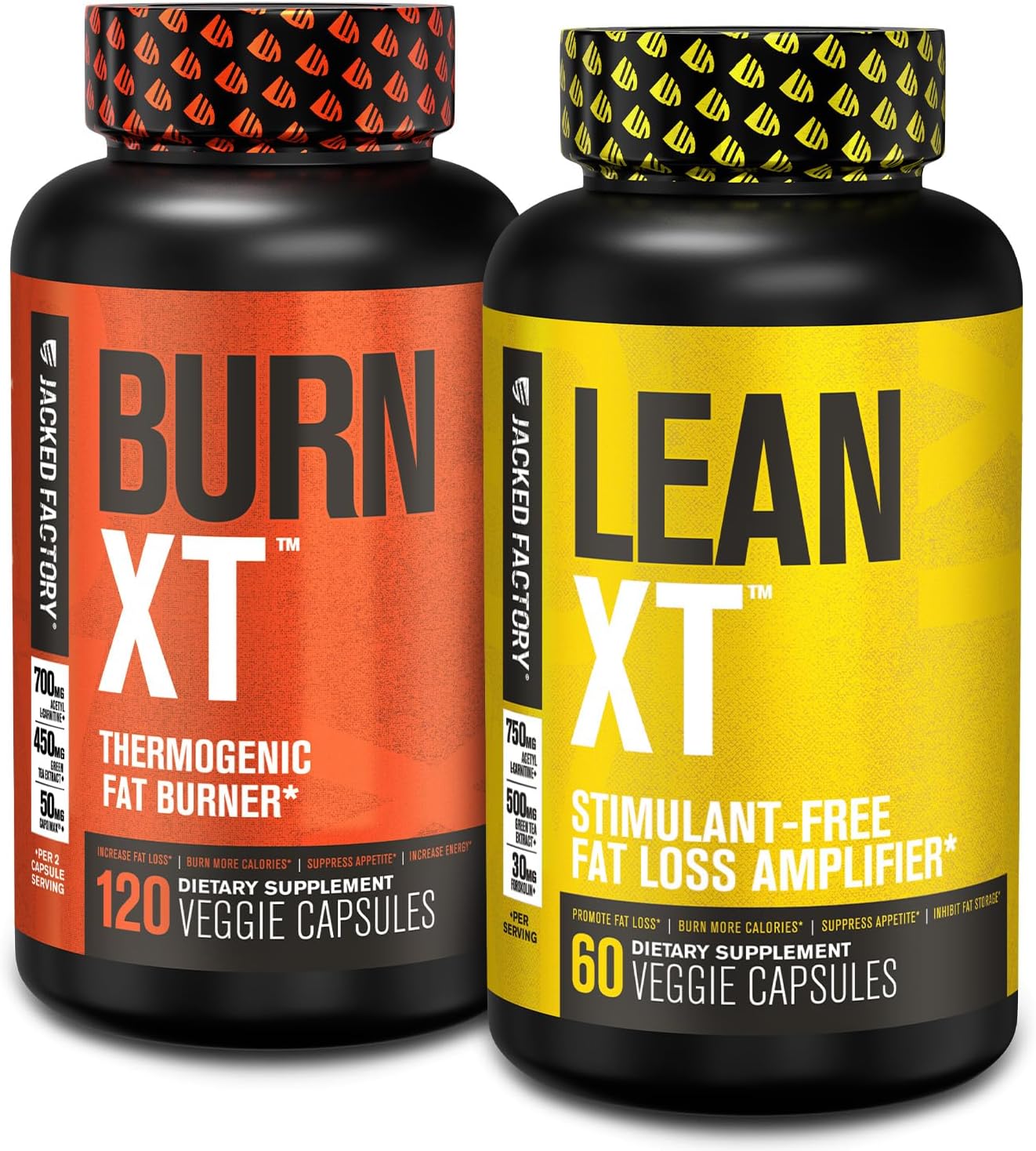 Jacked Factory Burn-Xt Clinically Studied Fat Burner & Weight Loss Supplement - Appetite Suppressant & Energy Booster (120 Capsules) & Lean-Xt Caffeine-Free Fat Burner (60 Capsules)