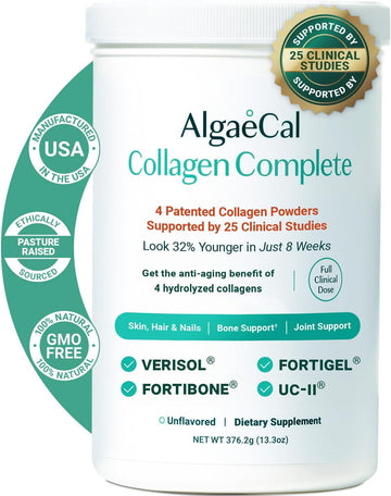 Algaecal Hydrolyzed Collagen Complete - Anti-Aging Collagen Powder With Clinically-Supported Verisol®, Fortigel®, Uc-Ii®, And Fortibone®, Multi Peptides Blend, 30 Servings