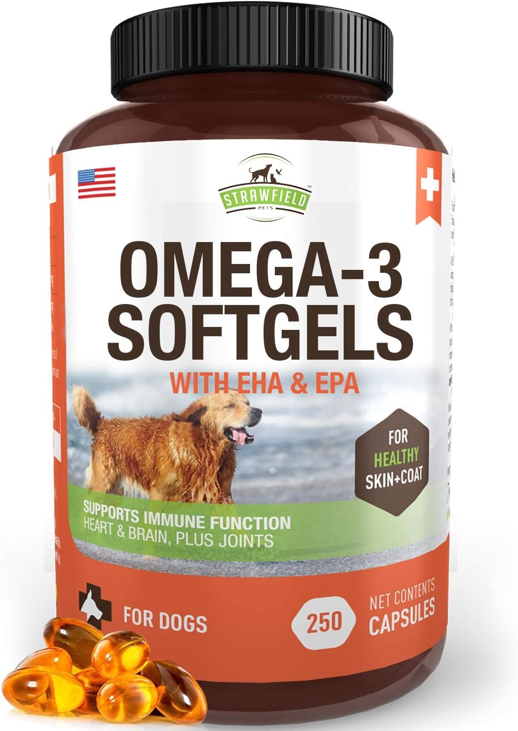 Strawfield Pets' Omega 3 Fish Oil for Dogs Dog Fish Oil Pet Supplement for Joint Support & Pain Relief Allergy Itch Shedding Healthy Coat Dry Itchy Skin Hot Spots USA 1000 mg EPA DHA 250 Softgel Pills