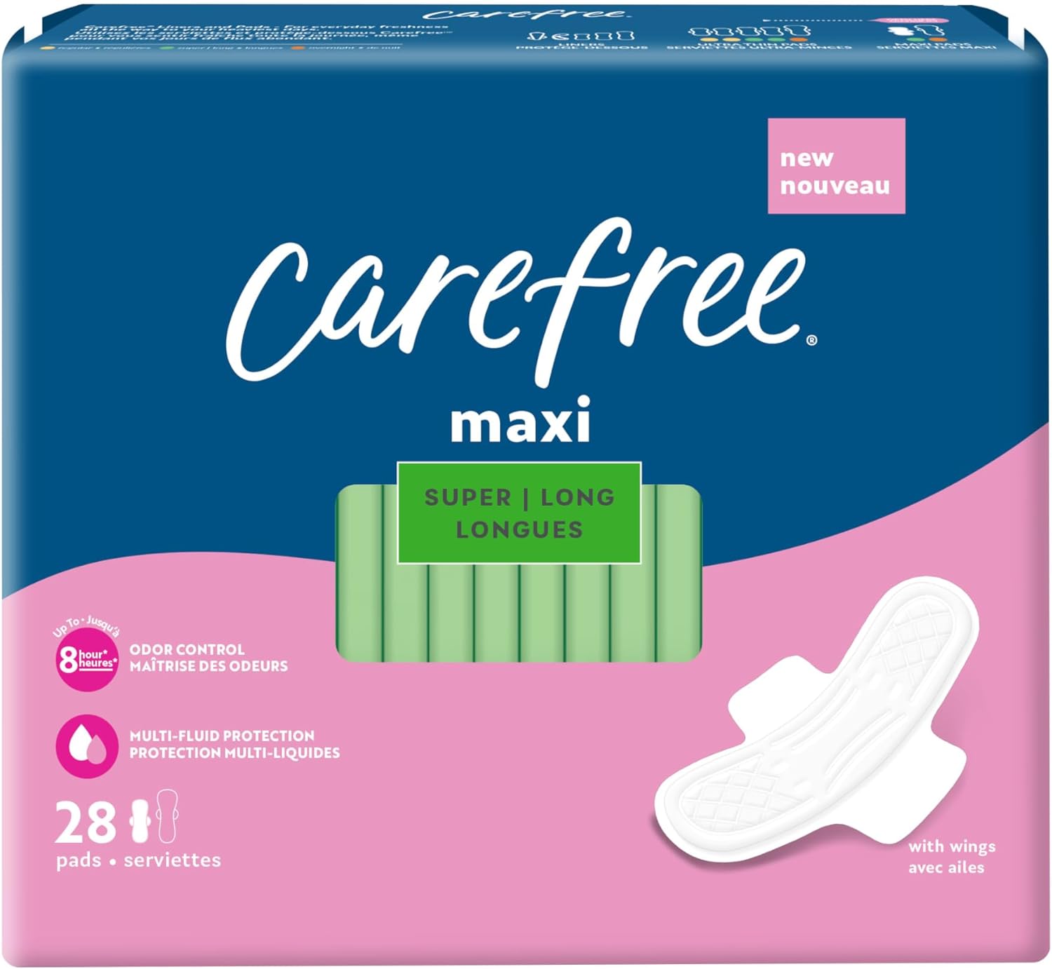 Carefree Maxi Pads, Super/Long Pads With Wings, 28ct