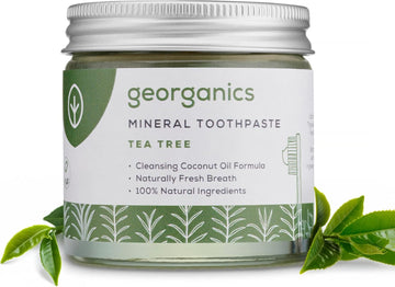 Georganics Mineral Toothpaste - 120Ml - Tea Tree Flavour - Fluoride, Sls & Glycerine Free - Non-Foaming Natural Toothpaste With Virgin Coconut Oil - Certified Cosmos Natural, Vegan And Cruelty-Free