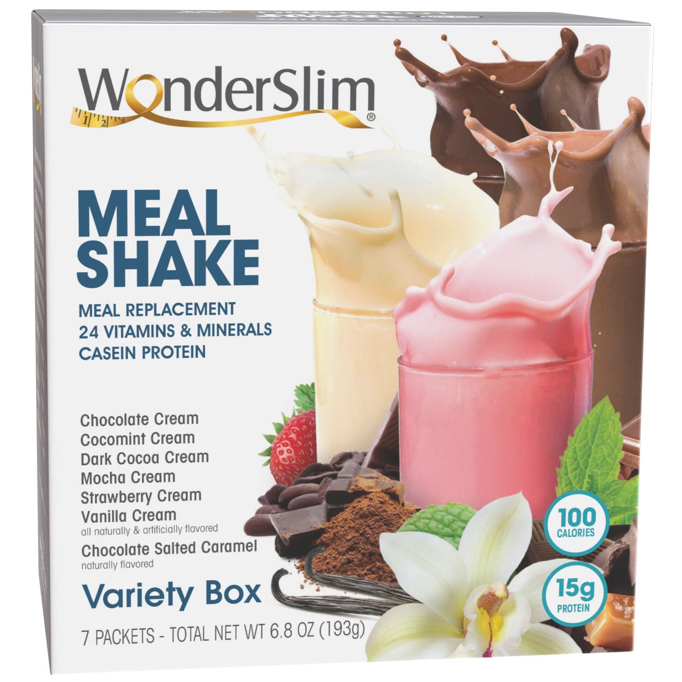 Wonderslim Meal Replacement Shake, Variety Pack, 15G Protein, 24 Vitamins & Minerals, Gluten Free (7Ct)